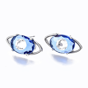 Brass Stud Earrings, with Glass and Steel Pins, Evil Eye, Platinum, Dodger Blue, 9x17.5mm, Pin: 0.6mm