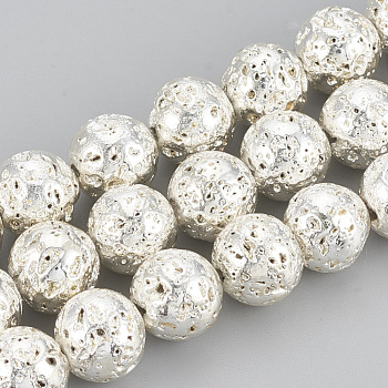Electroplated Natural Lava Rock Beads Strands, Round, Bumpy, Silver Plated, 10~11mm, Hole: 1mm, about 38pcs/strand, 15.7 inch