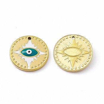 Vacuum Plating 201 Stainless Steel Pendant, with Enamel, Real 18K Gold Plated, Flat Round with Evil Eye Charm, Dark Cyan, 18x2.7mm, Hole: 1.2mm