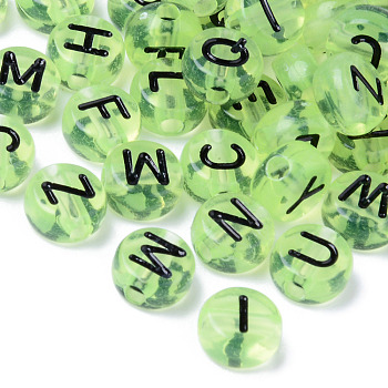 Transparent Acrylic Beads, Horizontal Hole, Flat Round with Random Letters, Light Green, 7x3.5mm, Hole: 1.8mm, about 3600~3700pcs/500g