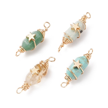 Natural & Synthetic Gemstone Double Terminal Pointed Connector Charms, with Light Gold Tone Copper Wire Wrapped & Alloy Star Beads, Faceted Bullet, 32~35x10~11x12~13mm, Hole: 3~3.7mm
