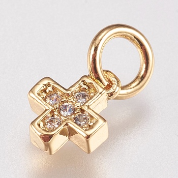 Brass Micro Pave Cubic Zirconia Tiny Cross Charms, Golden, 6.5x5x1.8mm, Hole: 3.5mm