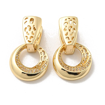 Brass Micro Pave Clear Cubic Zirconia Dangle Hoop Earrings, Twist Donut, Light Gold, 23x15mm