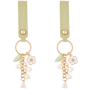 2Pcs Alloy Enamel Sakura Pendant Keychain, Imitation Leather Wristlet Lanyard, Lily of the Vally Tassel Keychain, Light Gold, 168mm