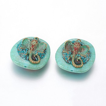 Handmade Indonesia Beads, with Resin and Brass Findings, Flat Round with Indian Elephant, Unplated, Medium Turquoise, 35.5x36x15mm, Hole: 2mm