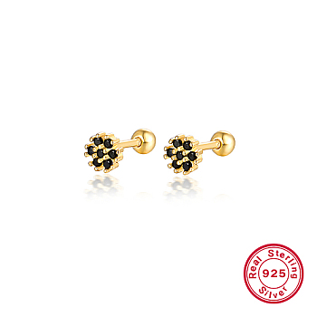 Real 18K Gold Plated 925 Sterling Silver Flower Stud Earrings, with Cubic Zirconia, Black, 5mm