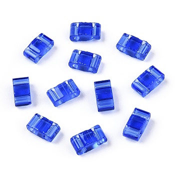 2-Hole Glass Seed Beads, Transparent Colours, Rectangle, Blue, 4.5~5.5x2x2~2.5mm, Hole: 0.5~0.8mm