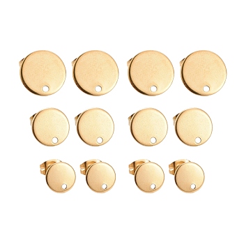 24Pcs 3 Size Vacuum Plating 304 Stainless Steel Stud Earring Findings, with Loop and Flat Plate, Ear Nuts/Earring Backs, Flat Round, Golden, 8~12x1mm, Hole: 1.5~1.8mm, Pin: 0.8mm, 24pcs/box