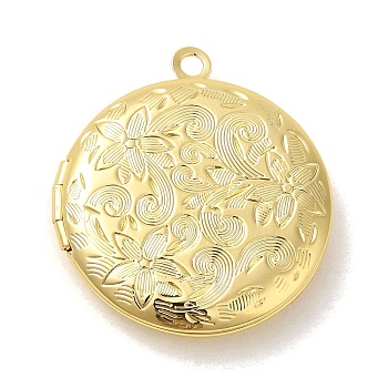 Rack Plating Brass Locket Pendants, Photo Frame Charms for Necklaces, Long-Lasting Plated, Flat Round with Flower Charm, Real 18K Gold Plated, 31x27.5x5.5mm, Hole: 2.5mm, Inner Diameter: 20.5mm