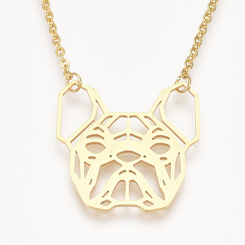 201 Stainless Steel Puppy Pendant Necklaces, with Cable Chains, Filigree Bulldog Head, Golden, 17.3 inch(44cm), 2mm, Bulldog: 29x28.5x1mm