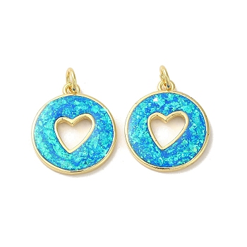 Rack Plating Brass Pave Synthetic Opal Hollow Heart Pendants, Flat Round Charms with Jump Rings, Cadmium Free & Lead Free, Long-Lasting Plated, Real 18K Gold Plated, 18.5x16x2mm, Hole: 3mm
