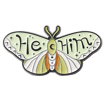Butterfly with Word He Him Enamel Pin, Electrophoresis Black Plated Alloy Badge for Corsages Scarf Clothes, Pale Green, 17x30mm