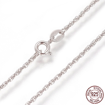 Rhodium Plated 925 Sterling Silver Rope Chain Necklaces, with Spring Ring Clasps, Platinum, 17.7 inch(45cm)