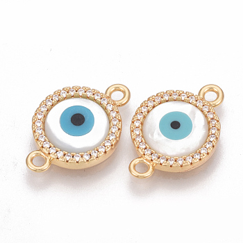 Brass Micro Pave Cubic Zirconia Links connectors, with Shell, Flat Round with Evil Eye, Nickel Free, Real 18K Gold Plated, 20x13x3mm, Hole: 1.5mm