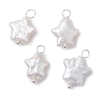 Natural Nucleated Baroque Keshi Pearl Pendants, Star Charms, with Silver Color Plated Brass Loops, Seashell Color, 15.5x11x4.5mm, Hole: 2.4mm