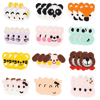 36Pcs 12 Style Animal Polyester Knitted Appliques, Costume Hat Bag Ornament Accessories, Mouse/Cow/Rabbit/Frog/Unicorn/Fox/Panda/Bear/Cow/Dog, Mixed Patterns, 28~42.5x27.5~46x2~3mm, 3pcs/style