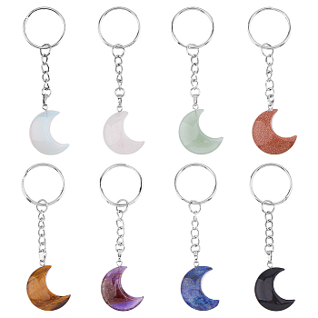 8Pcs 8 Styles Moon Gemstone Keychains, with Iron Split Key Rings, 8.7cm, 1pc/style