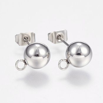 201 Stainless Steel Ball Stud Earring Post, Earring Findings, with Loop and 304 Stainless Steel Pins, Round, Stainless Steel Color, 7mm, Hole: 1.5mm, pin: 0.8mm