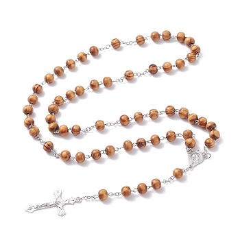 Religious Prayer Pine Wood Beaded Lariat Necklace, Virgin Mary Crucifix Cross Rosary Bead Necklace for Easter, Platinum, BurlyWood, 29-1/8 inch(74cm)