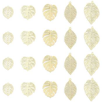 20Pcs 5 Styles Rack Plating Brass Filigree Pendants, Long-Lasting Plated, Leaf Charms, Light Gold, 22~39x17.5~26x0.3mm, Hole: 1~1.8mm, 4pcs/style