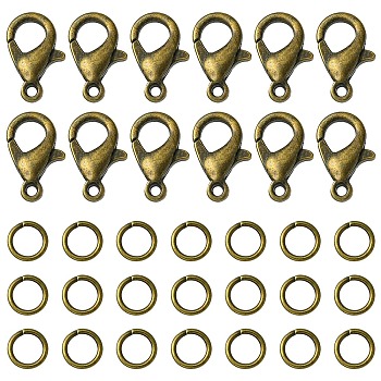 50Pcs Zinc Alloy Lobster Claw Clasps, Parrot Trigger Clasps, with 150Pcs Iron Open Jump Rings, Antique Bronze, 12x6mm, Hole: 1.2mm