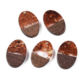 Transparent Resin and Walnut Wood Pendants, Oval Charms with Gold Foil, Sienna, 23x15.5x3.5mm, Hole: 2mm