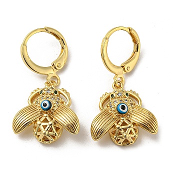 Real 18K Gold Plated Brass Dangle Leverback Earrings, with Enamel and Cubic Zirconia, Beetle with Evil Eye, Midnight Blue, 29.5x16mm