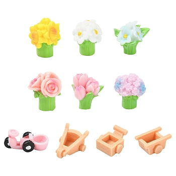40Pcs 10 Styles Resin Flower & Cart Set Display Decorations, Micro Landscape Dollhouse Accessories, Pretending Prop Decorations, Mixed Color, 18~44x17~28.5x14~22mm, 4pcs/style
