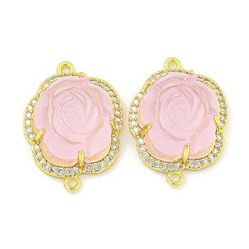 Rack Plating Brass Micro Pave Cubic Zirconia Link, Rose Resin Connector Charms, Long-Lasting Plated, Lead Free & Cadmium Free, Real 18K Gold Plated, Pink, 23.5x17x8.5mm, Hole: 1.5mm