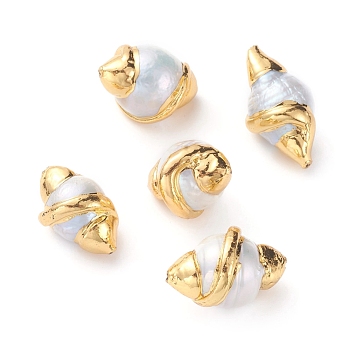 Natural Cultured Freshwater Pearl Beads, Covered with Brass, Golden Plated, Olive Shape, Seashell Color, 19~25x12~15mm, Hole: 0.8mm