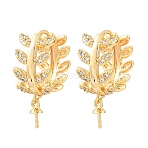 Brass Micro Pave Cubic Zirconia Huggie Hoop Earring Findings, Leaf, for Half Drilled Beads, Rack Plating, Long-lasting Plated, Golden, 21.5x15.5x8.5mm, Pin: 0.8mm(KK-CBA2DE6-19G)
