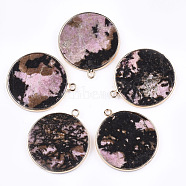 Natural Rhodonite Pendants, with Brass Findings, Flat Round, Golden, 35~36x31~32x3mm, Hole: 2mm(G-T112-24J)