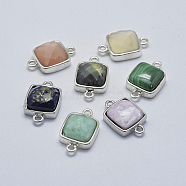 Glaze & Faceted Mixed Stone Links connectors, with Brass Finding, Square, Platinum, 11~13x18~19x5~6mm, Hole: 1mm(KK-L158-10S)