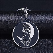304 Stainless Steel Pendant Keychain, with Enamel, Flat Round with Cat, Stainless Steel Color, 9.15cm(KEYC-K019-01P)