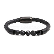 Men's Black Onyx Stone Beaded Bracelet with Magnetic Clasp Leather Weave Jewelry, Black, size 1(ST1787431)