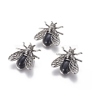 Natural Black Agate Brooches, with Alloy Findings, Cicada, Antique Silver, 38x36x8mm, Pin: 0.6mm(G-A176-D01-1)