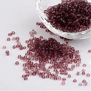 12/0 2mm Transparent Glass Seed Beads, Round, Pale Violet Red, 2mm, Hole: 1mm, about 3100pcs/50g(X-SEED-A004-2mm-16)
