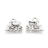Tibetan Style Alloy Pendants, For Easter, Holy Charms(I Love Jesus), Cadmium Free & Lead Free, Heart, Antique Silver, 13x15x2mm, Hole: 3mm(PALLOY-2390-AS-LF)