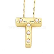 Brass & Plastic Pearl Letter Pendant Box Chain Necklaces for Women, Real 18K Gold Plated, Letter T, 17.64 inch(44.8cm)(NJEW-U017-01G-20)