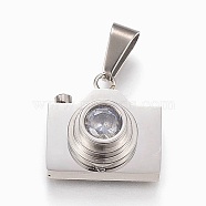 304 Stainless Steel Cubic Zirconia Pendants, Camera, Stainless Steel Color, 19.5x19.5x10mm, Hole: 5x10mm(STAS-F168-34P)