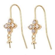 Brass Micro Pave Cubic Zirconia Earring Hooks, for Half Drilled Beads, Long-Lasting Plated, Flower, Clear, Real 18K Gold Plated, 25mm, 21 Gauge, Pin: 0.7mm(KK-K244-34G)