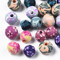Handmade Polymer Clay Beads, Round with Mixed Pattern, Mixed Color, 5~7x5~6.5mm, Hole: 1.6~2mm(CLAY-S092-72)