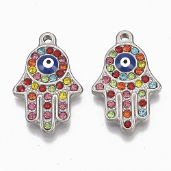 304 Stainless Steel Pendants, with Colorful Rhinestone and Enamel, Hamsa Hand/Hand of Fatima/Hand of Miriam with Evil Eye, Stainless Steel Color, 24x15x3.5mm, Hole: 1.6mm(STAS-T050-016P)