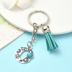 Alloy with Resin Imitation Synthetic Turquoise Keychain, with Tassel Pendant and Iron Rings, Letter O, 8cm, Pendant: 26~35mm(KEYC-YW00087-15)