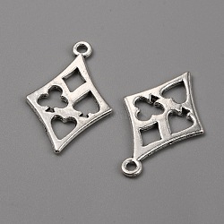 Tibetan Style Alloy Pendants, Rhombus with Spade/Club/Heart/Diamond Charms, Antique Silver, 27x17x1.5mm, Hole: 1.6mm(FIND-CJC0012-067)