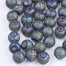 Electroplate Glass Beads, Plaid Beads, Frosted, Round with Tartan Pattern, Cadet Blue, 8~8.5mm, Hole: 1.5mm(EGLA-S178-04B)