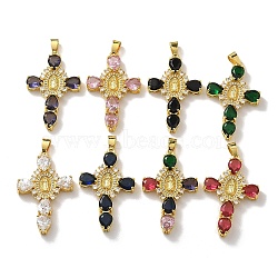 Brass Micro Pave Cubic Zirconia Pendants, with Glass, Cross with Virgin Mary, Real 18K Gold Plated, 45.5x29x6mm, Hole: 6.5x4.5mm(KK-M300-32G)