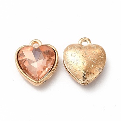 Faceted Glass Rhinestone Pendants, with Golden Tone Zinc Alloy Findings, Heart Charms, Sandy Brown, 16.5x14x6.5mm, Hole: 1.6mm(GLAA-I051-B12)