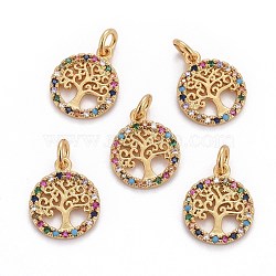 Brass Micro Pave Cubic Zirconia Charms, with Jump Rings, Flat Round with Tree of Life, Colorful, Golden, 14.5x12x1.5mm, Hole: 2.5mm(ZIRC-L070-45G)