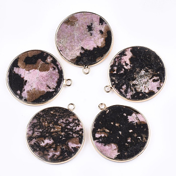 Natural Rhodonite Pendants, with Brass Findings, Flat Round, Golden, 35~36x31~32x3mm, Hole: 2mm